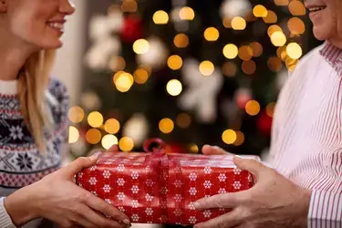 Two people exchanging gifts in front of a Christmas tree.